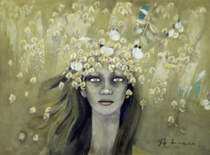 Chun Kyung-Ja, Golden Rain, 1982, Oriental pigment on mulberry paper, 34 x 46 cm